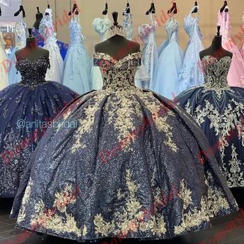 Blizgančių Aukso Gėlių Gėlių 2023 Kamuolys Suknelė Pigūs Quinceanera Suknelės Oficialią Šalies Reljefiniai Saldus 15 Anos XV Tamsiai Mėlynos V kaklo