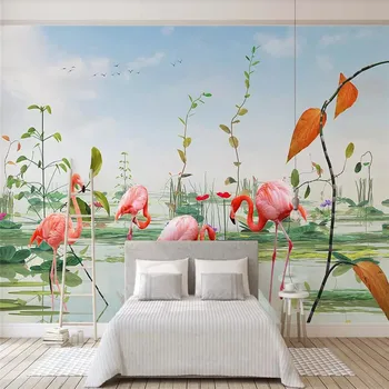 Custom Sienų Tapetai Modernus Minimalistinio Mažų Šviežių Lotoso Tvenkinys Augalų Flamingo Tv Fono Sienos