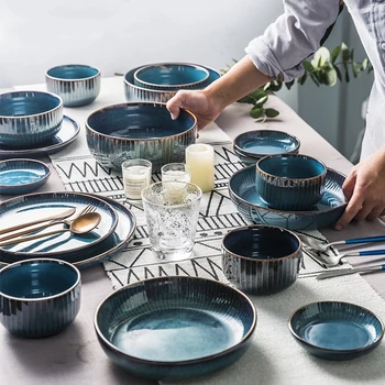 Namo žalioji glazūruotos keramikos stalo Kūrybos Mėlyna Retro namų virtuvės didelis patiekalas, sriuba rinkinys