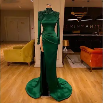 2022 Žalia Arabų Vakaro Suknelės Ilgomis Rankovėmis Aukštos Padalinta Seksualus Prom Šalis Suknelė, Prašmatnus Duobute Undinė Oficialią Chalatai Dubajus