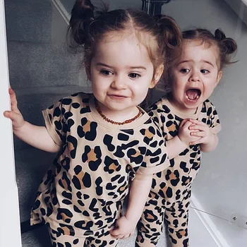 Vaikiški marškinėliai Kelnės Mergaitėms trumpomis Rankovėmis Leopard-print Viršūnes + Kelnės Du Kostiumai Vaikams 1-4 Metų,