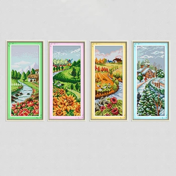 Pavasario, vasaros, rudens ir žiemos sezonų sodo dekoracijos modelis skaičiuojami atspausdinta ant drobės DMC 11CT 14CT Kinijos Kryželiu rinkinys