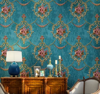 American retro prabanga mėlyna sielovados gėlių neaustinių ekrano užsklanda gyvenimo kambario, miegamasis fono sienos papel de parede