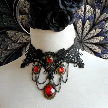 Princesė klasikinis gotai Lolita chocker karoliai vintage juodi nėriniai didelis raudonas perlas kristalų vampyras grandinės kutas karoliai JL-106