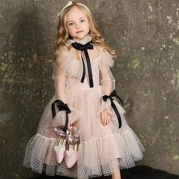 2021 Naujas Polka-dot Tiulio Gėlių mergaičių Suknelės Iliuzija ilgomis Rankovėmis Mergina Vestuvės Dress Juostelės Komunijos Suknelė Gimtadienis