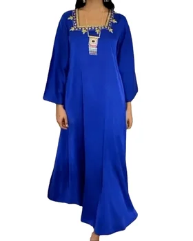 Elegantiškas Etninės Satino Suknelė Moterims Mados Musulmonų Dubajus Maroko Artimųjų Rytų Eid Drabužius Kvadratinių Kaklo Diamond Duobute