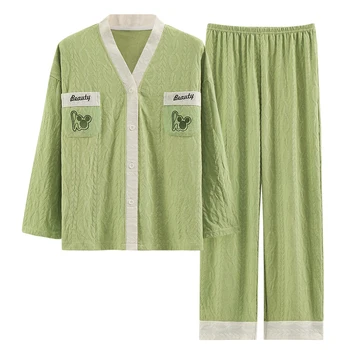 Plius Dydis Moterų Pižama Nustatyti Žaliųjų Kišenėje Lopas Mygtuką Priekyje Megztinis ir Ilgos Kelnės Atsitiktinis Homewear Lougewear Lady