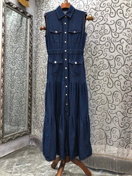 2022 naujas moterų mados rankovių atvartas multi-sagtis slim džinsinio audinio suknelė ilga suknelė 1028