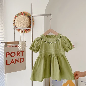 Vaikų Mergaičių Suknelė Vintage Siuvinėjimo O-Kaklo Trumpomis Rankovėmis Suknelės 2022 Nauji Aukštos Juosmens-Line Princesė Frock