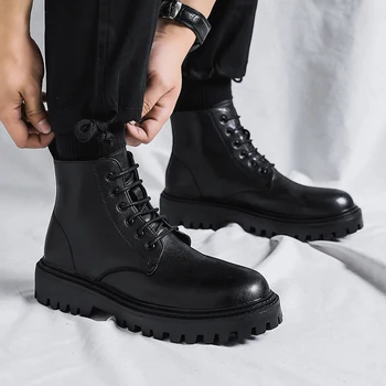 vyrai atsitiktinis natūralios odos batai juoda tendencija rudens-žiemos batai, suvarstomi kaubojus platforma įkrovos džentelmenas kulkšnies botas masculinas