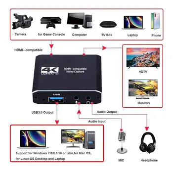 4K HDMI Video Capture Card-Live Transliacijos 1080P 4K USB3.0 Vaizdo Įrašymo Jungiklis Žaidimas PS4 Kamerą Xbox Įrašymo Dėžutę