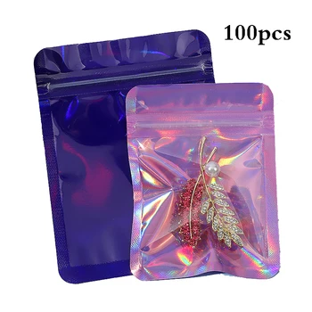 100vnt Lazerio Zip Lock Bags Holograma Vaivorykštės Maišeliai Uždaroma Plastikinės Pakuotės Maišelis Kosmetikos Niekučių, Papuošalų Laikymo Maišelis