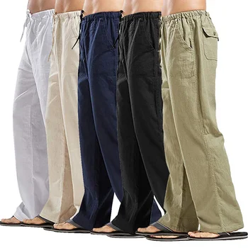 Lininės kelnės Vyrams Solid Color Multi-kišenės, Tiesios Atsitiktinis Kelnės Kvėpuojantis Patogus Raišteliu Laisvi Namų vyrų Kelnės
