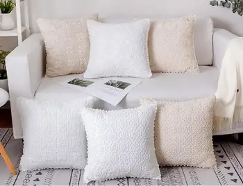Dvipusis nėrimo medvilnės nėrimo siūlai, mezgimo tuščiaviduriai smėlio spalvos balta retro gyvenamasis kambarys sofos užvalkalas