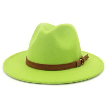 Platus kraštų žalia vilnonių top hat pavasarį naujas vyrų ir moterų mados Fedora skrybėlę šiltas diržo džiazo skrybėlę vestuvių skrybėlę Panamos skrybėlė