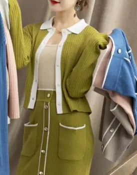 1set/daug korėjos stiliaus moteris kietas megzti viršuje ir sijonas moterų pavasarį, rudenį, žiemą rinkinys