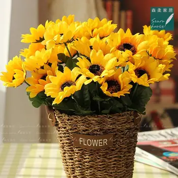 Aukštos kokybės 1 puokštė Geltona Šilko Saulėgrąžų dekoratyvinių gėlių 7 filialas/dirbtinių gėlių puokštė namų puošybai