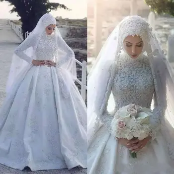 2020 Ilgas Berankovis Musulmonų Vestuvių Suknelė Spalvinga Nėrinių Appliqued Valymo Traukinio Vestuvinės Suknelės Vestido De Novia