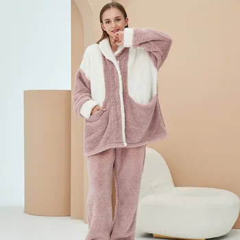 Homewear Kostiumas Moterų Pižama Sutirštės Aksomo Žiemos Ilgos Pijama Moterų Koralų Vilnos Šiltas, Minkštas Sleepwear Patogiai Namuose Drabužiai