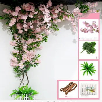 Dirbtinis Sakura Sakura Medžio Kamienas Su Padirbtų Vyšnių Žiedų, Gėlių, Džiovintų Filialai Rotango Rinkinius, Skirtus Namų Sienų Apdaila