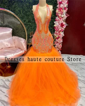 Seksualus Orange Ilgai Blizgančių Blizgančiais Undinė Prom Dresses 2022 Apynasrio Sleeveles Afrikos Juodieji Merginos Vakare Chalatai