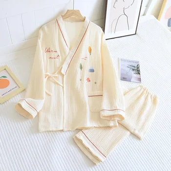 Siuvinėti Kimono Pajama Nustatyti Moterų Japoniško stiliaus Keturis Sezonus Plonas Minkštas Krepo Dvi ilgomis rankovėmis Kelnės Nėriniai-up Loungewear Pj